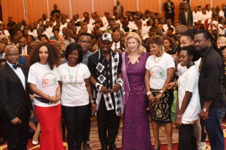 First Lady Dominique Ouattara in the company of the group of artists against child labor