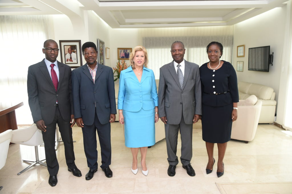 The First Lady exchanges with Professor Saliou Touré